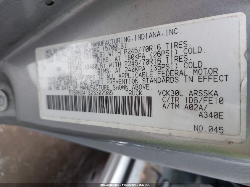 2002 Toyota Tundra Sr5 VIN: 5TBRN34132S302985 Lot: 43803352