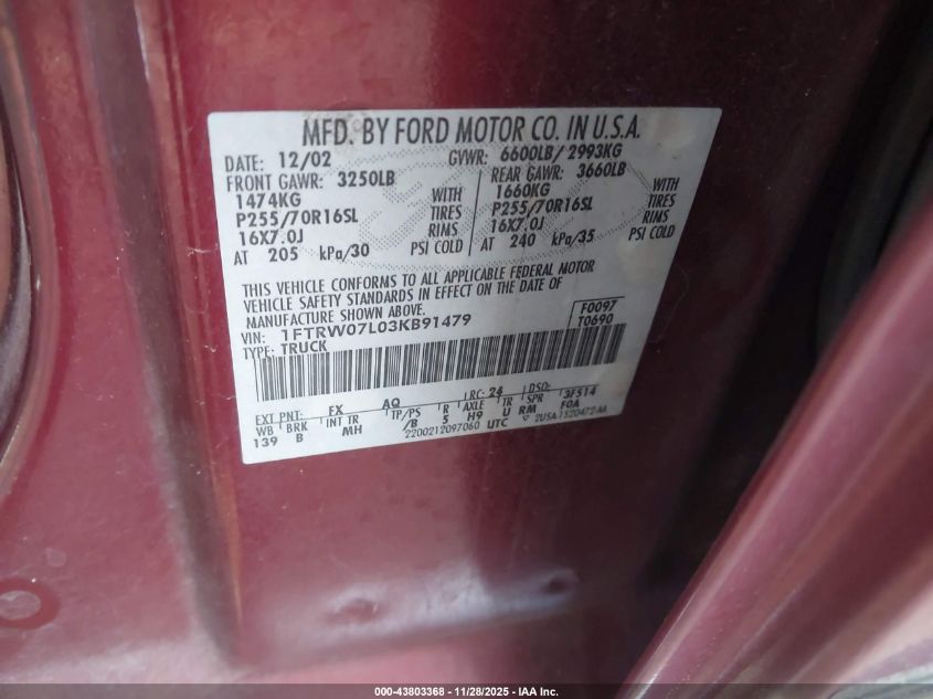 2003 Ford F-150 Lariat/Xlt VIN: 1FTRW07L03KB91479 Lot: 43803368