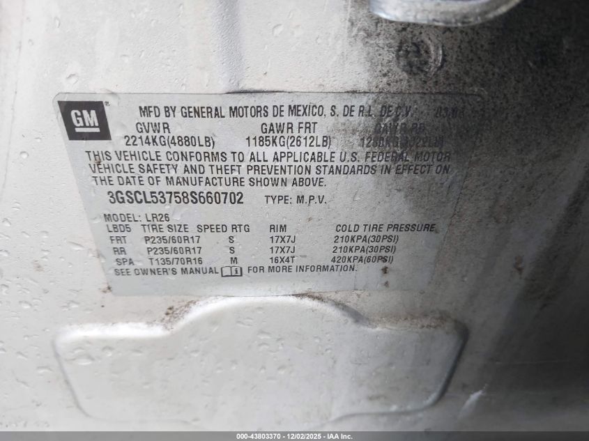 2008 Saturn Vue V6 Xr VIN: 3GSCL53758S660702 Lot: 43803370