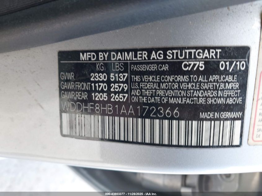 2010 Mercedes-Benz E 350 4Matic VIN: WDDHF8HB1AA172366 Lot: 43803377