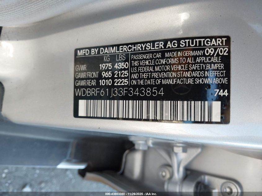 2003 Mercedes-Benz C 240 VIN: WDBRF61J33F343854 Lot: 43803380