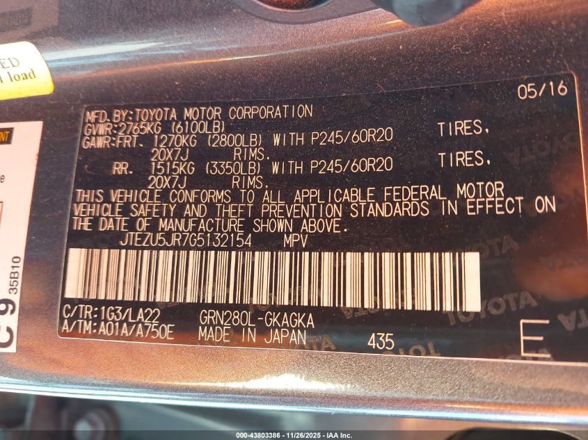 2016 Toyota 4Runner Limited VIN: JTEZU5JR7G5132154 Lot: 43803386