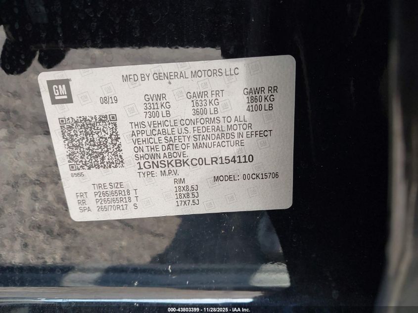 2020 Chevrolet Tahoe 4Wd Lt VIN: 1GNSKBKC0LR154110 Lot: 43803399