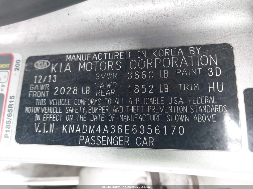 2014 Kia Rio Lx VIN: KNADM4A36E6356170 Lot: 43803411