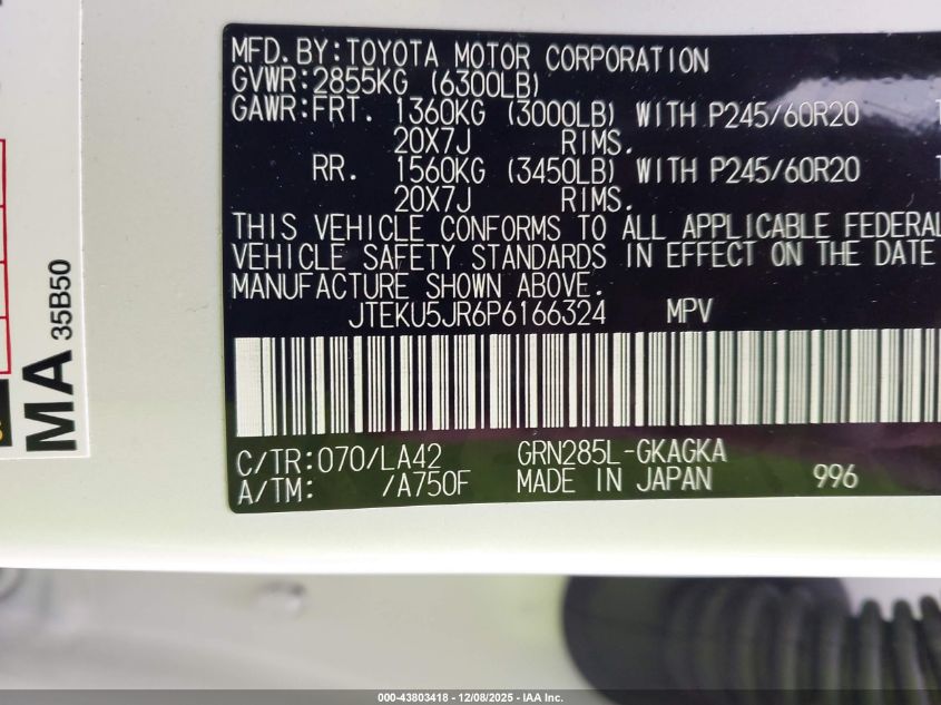 2023 Toyota 4Runner Limited VIN: JTEKU5JR6P6166324 Lot: 43803418