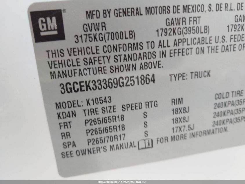 2009 Chevrolet Silverado 1500 Ltz VIN: 3GCEK33369G251864 Lot: 43803423
