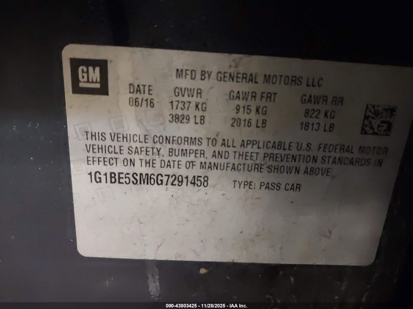2016 Chevrolet Cruze Lt Auto VIN: 1G1BE5SM6G7291458 Lot: 43803425