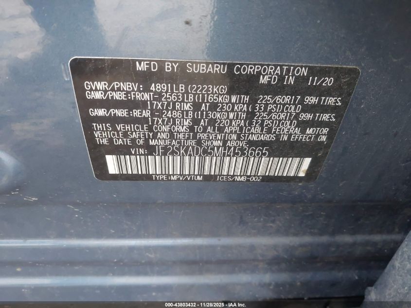 2021 Subaru Forester VIN: JF2SKADC5MH453665 Lot: 43803432