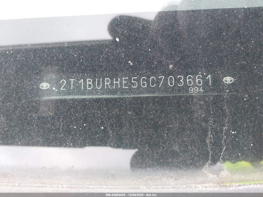 2016 Toyota Corolla L VIN: 2T1BURHE5GC703661 Lot: 43803435