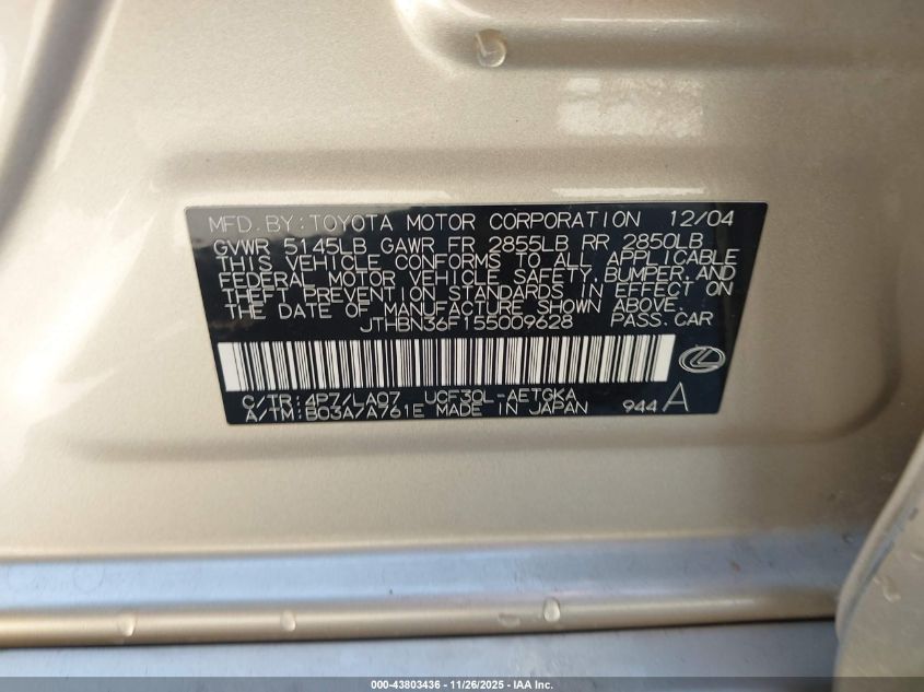 2005 Lexus Ls 430 VIN: JTHBN36F155009628 Lot: 43803436