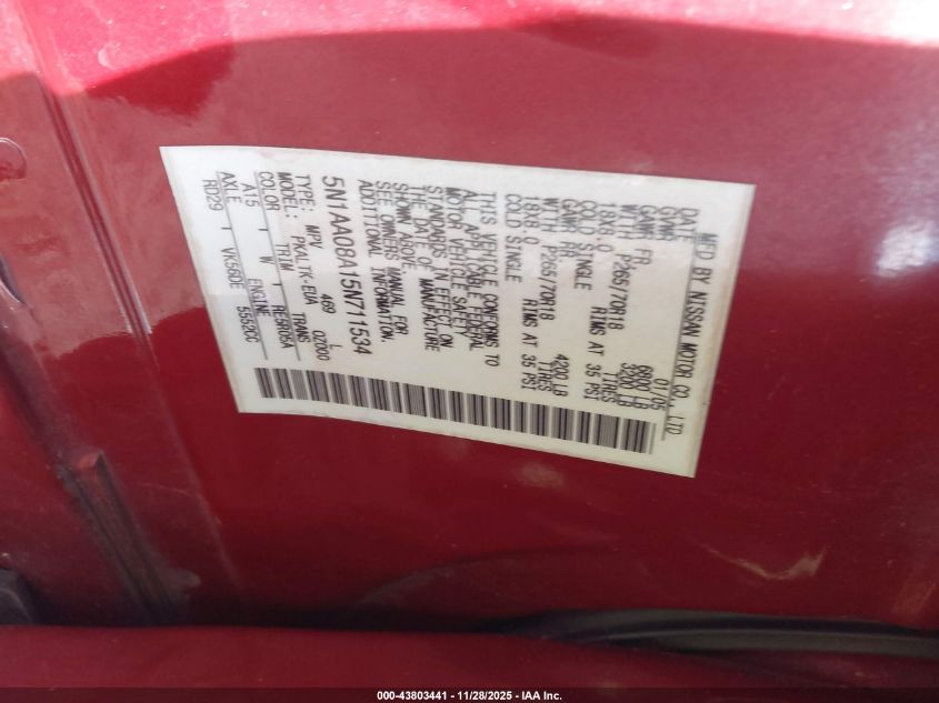 2005 Nissan Armada Se VIN: 5N1AA08A15N711534 Lot: 43803441