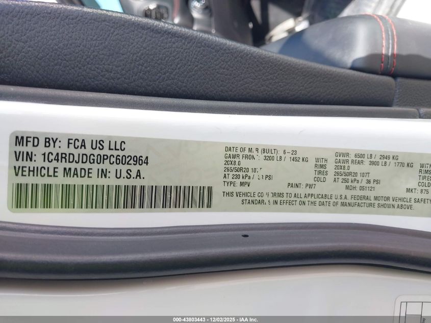 2023 Dodge Durango Gt Plus Awd VIN: 1C4RDJDG0PC602964 Lot: 43803443