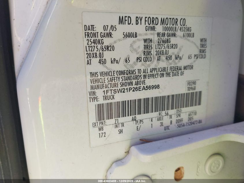 2006 Ford F-250 Lariat/Xl/Xlt VIN: 1FTSW21P26EA56998 Lot: 43803459