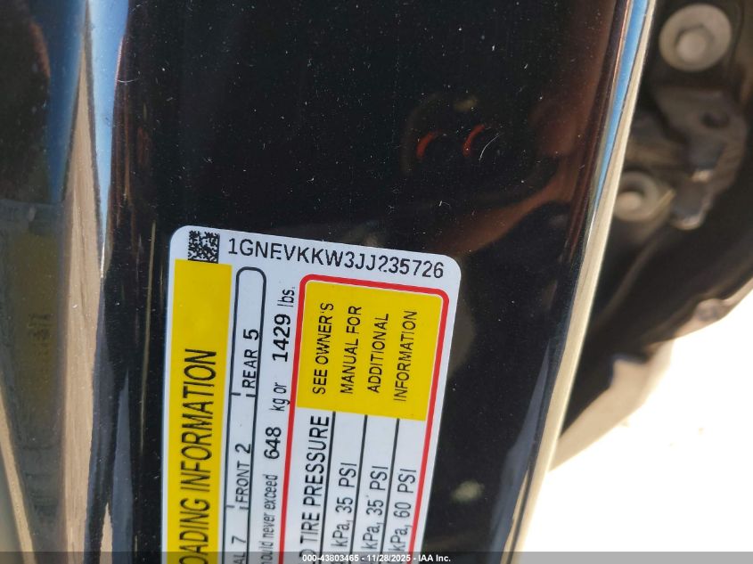 2018 Chevrolet Traverse High Country VIN: 1GNEVKKW3JJ235726 Lot: 43803465