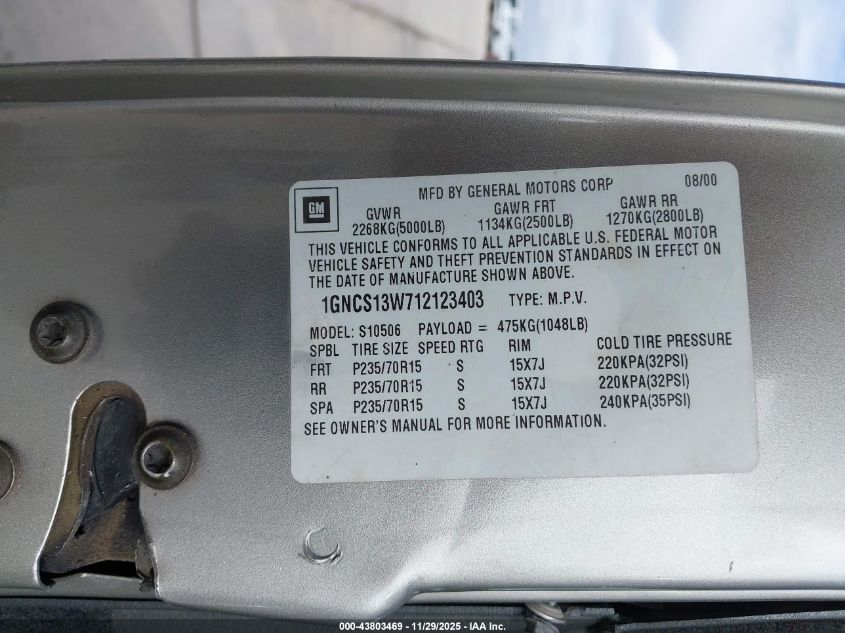 2001 Chevrolet Blazer Ls VIN: 1GNCS13W712123403 Lot: 43803469