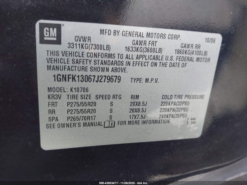 2007 Chevrolet Tahoe Ltz VIN: 1GNFK13067J279679 Lot: 43803471