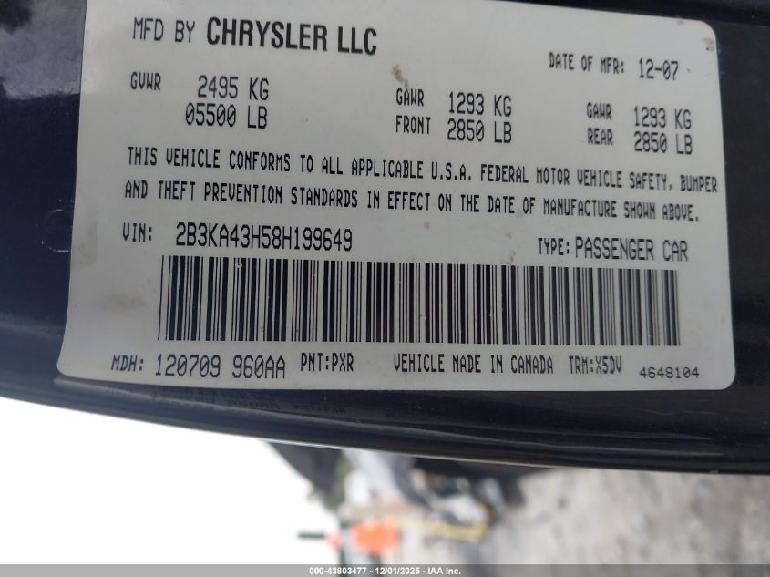 2008 Dodge Charger VIN: 2B3KA43H58H199649 Lot: 43803477