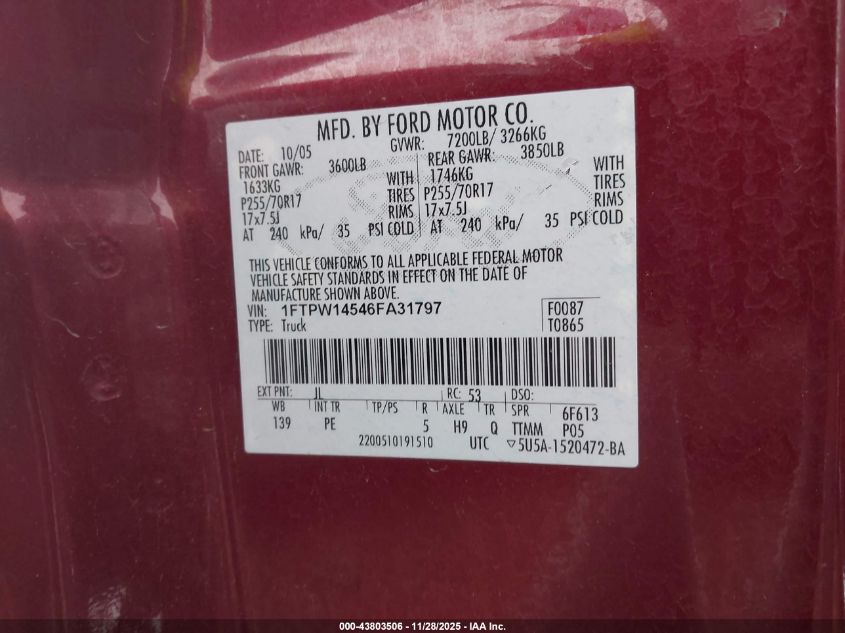 2006 Ford F-150 Fx4/Lariat/Xlt VIN: 1FTPW14546FA31797 Lot: 43803506