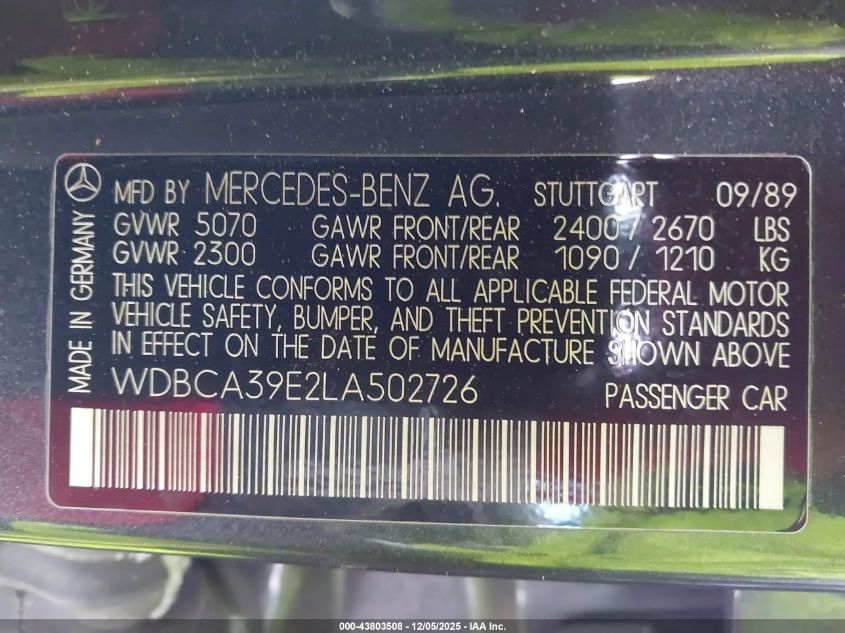 1990 Mercedes-Benz 560 Sel VIN: WDBCA39E2LA502726 Lot: 43803508
