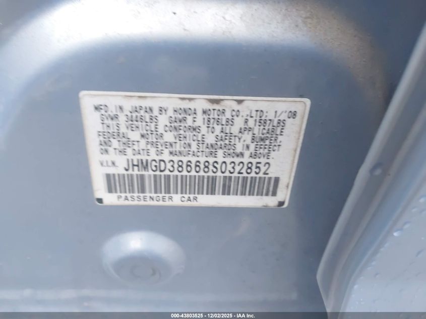 2008 Honda Fit Sport VIN: JHMGD38668S032852 Lot: 43803525