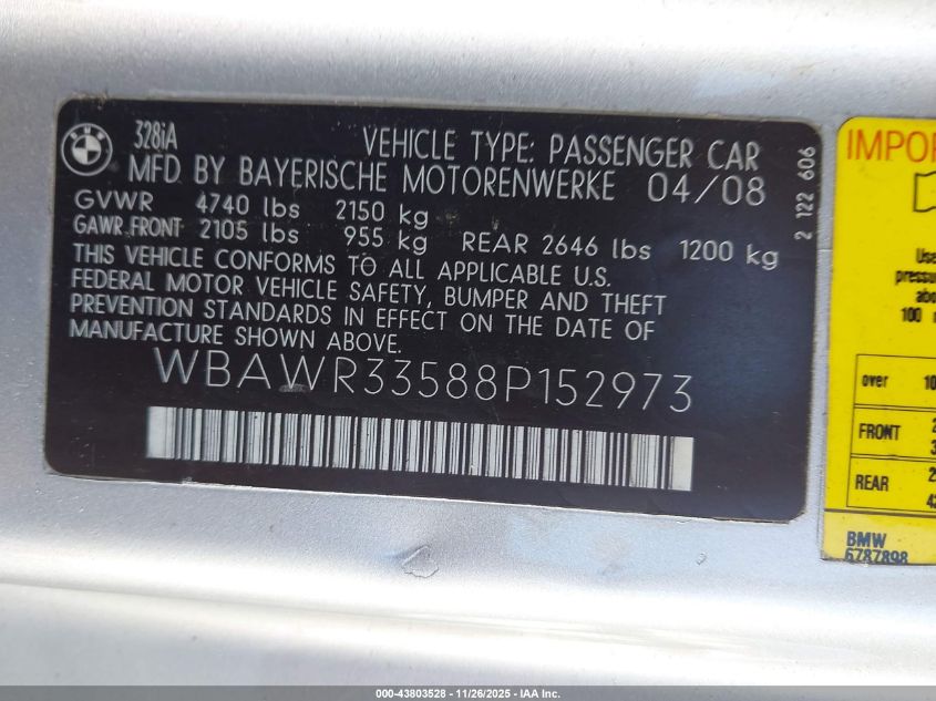 2008 BMW 328I VIN: WBAWR33588P152973 Lot: 43803528