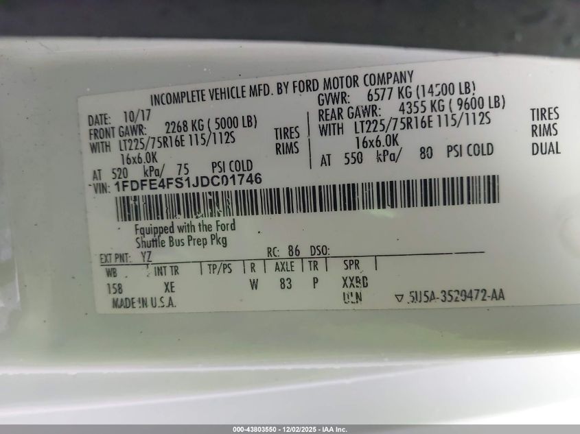 2018 Ford E-450 Cutaway VIN: 1FDFE4FS1JDC01746 Lot: 43803550