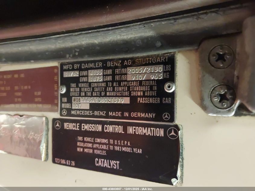 1983 Mercedes-Benz 380 Sl VIN: WDBBA45A1DB021379 Lot: 43803557