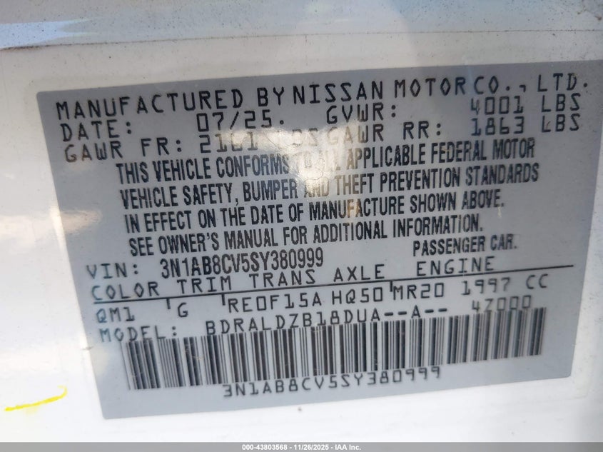3N1AB8CV5SY380999 2025 NISSAN SENTRA photo no. 9