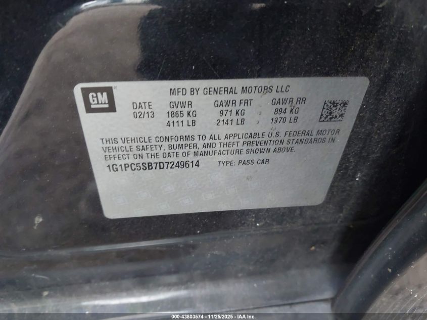 2013 Chevrolet Cruze 1Lt Auto VIN: 1G1PC5SB7D7249614 Lot: 43803574