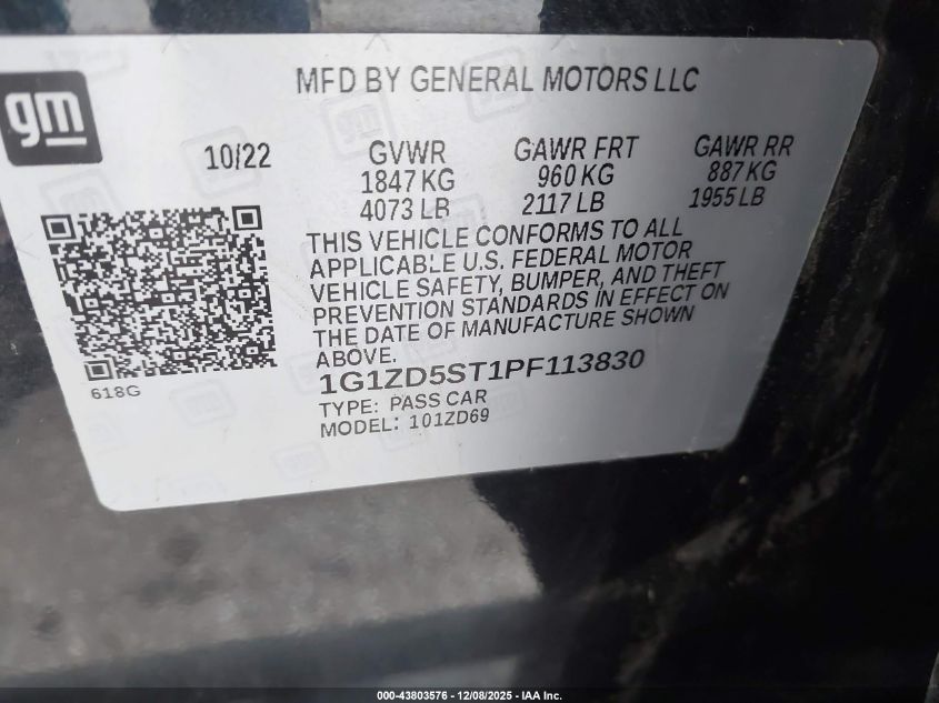 2023 Chevrolet Malibu Fwd 1Lt VIN: 1G1ZD5ST1PF113830 Lot: 43803576
