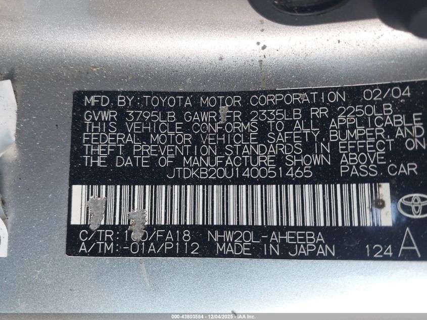 2004 Toyota Prius VIN: JTDKB20U140051465 Lot: 43803584