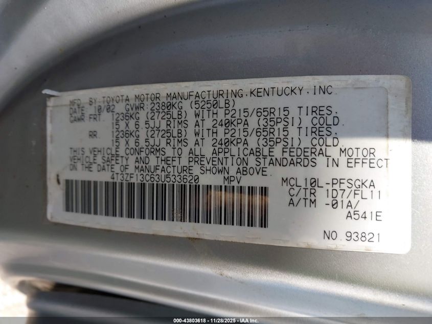 2003 Toyota Sienna Xle VIN: 4T3ZF13C63U533620 Lot: 43803618