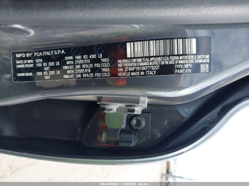 2019 Fiat 500X Trekking Awd VIN: ZFBNFYB10KP778207 Lot: 43803623