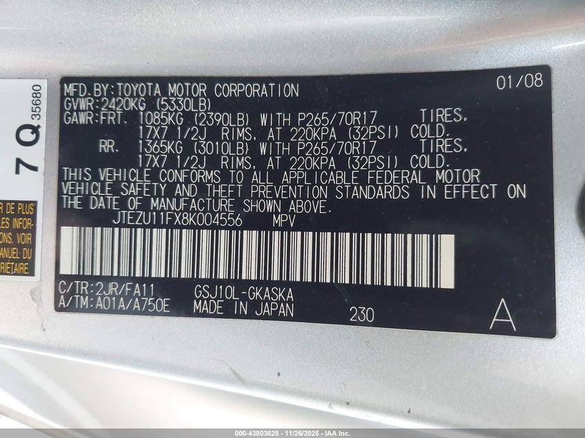 2008 Toyota Fj Cruiser VIN: JTEZU11FX8K004556 Lot: 43803628