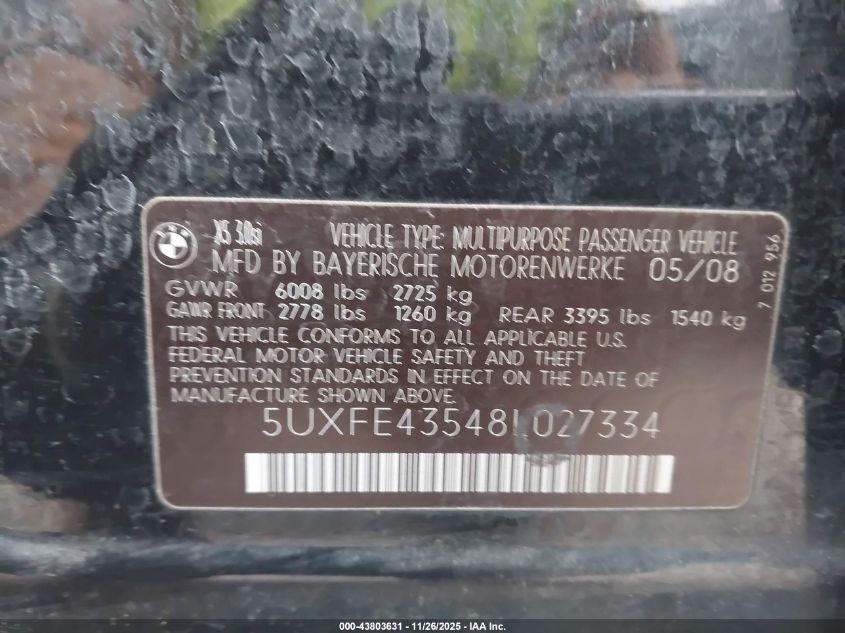 2008 BMW X5 3.0Si VIN: 5UXFE43548L027334 Lot: 43803631