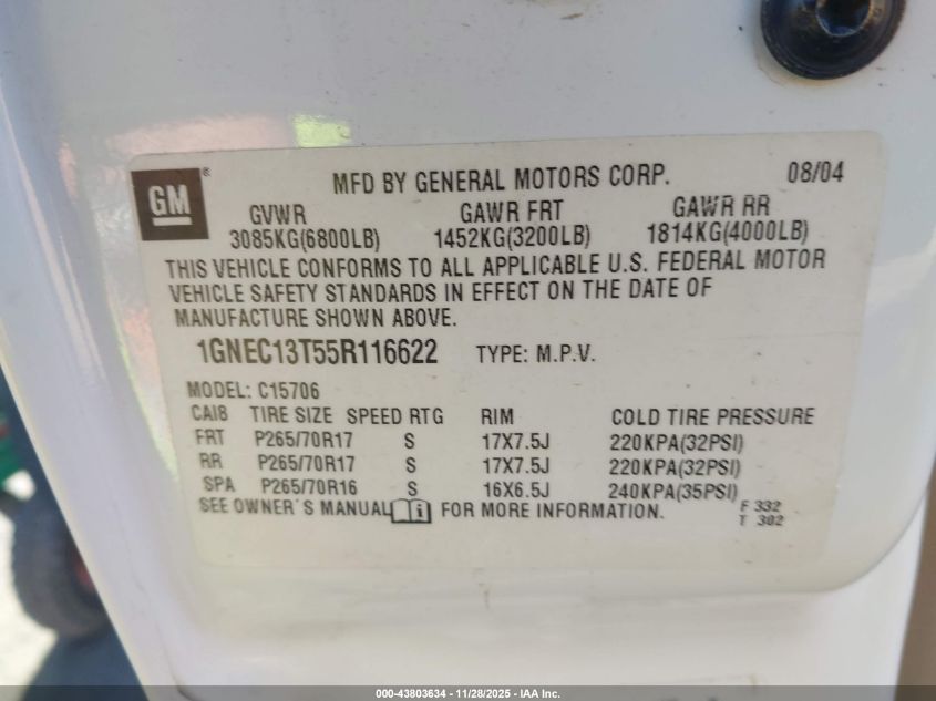 2005 Chevrolet Tahoe Lt VIN: 1GNEC13T55R116622 Lot: 43803634