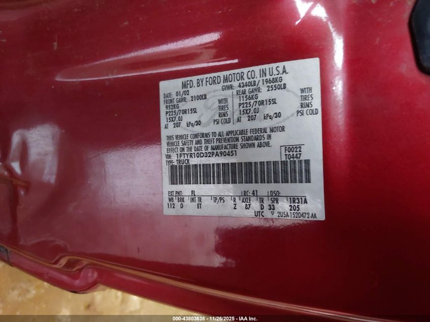 2002 Ford Ranger Xl/Xlt VIN: 1FTYR10D32PA90451 Lot: 43803638