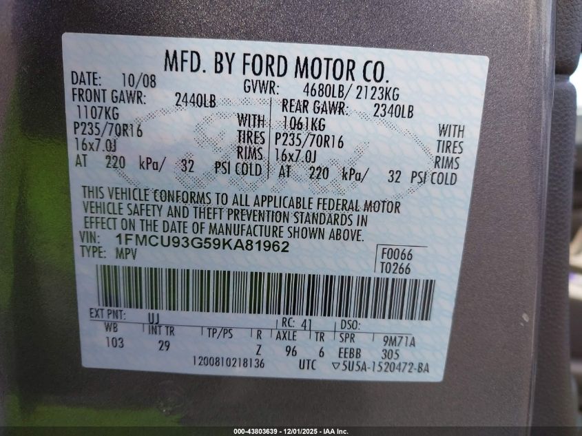 2009 Ford Escape Xlt VIN: 1FMCU93G59KA81962 Lot: 43803639