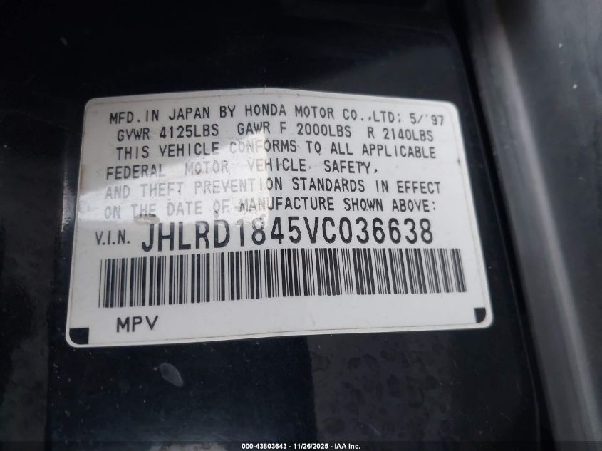 1997 Honda Cr-V VIN: JHLRD1845VC036638 Lot: 43803643