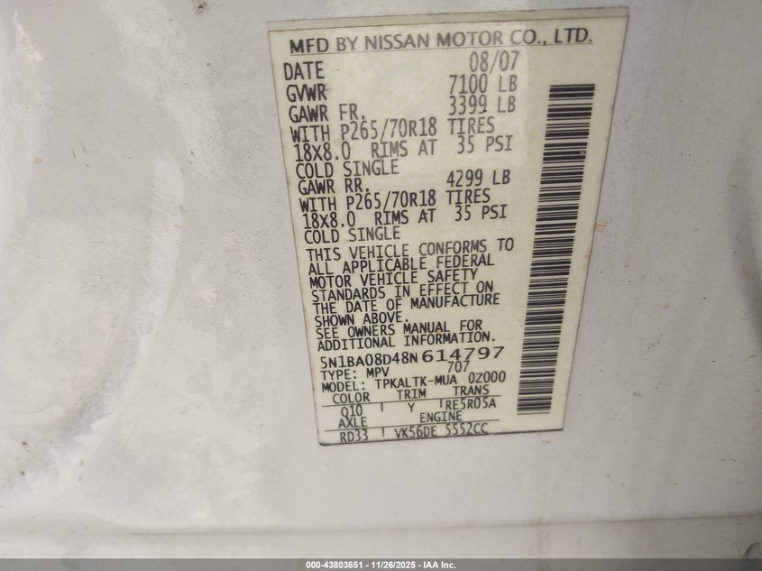 2008 Nissan Armada Se VIN: 5N1BA08D48N614797 Lot: 43803651