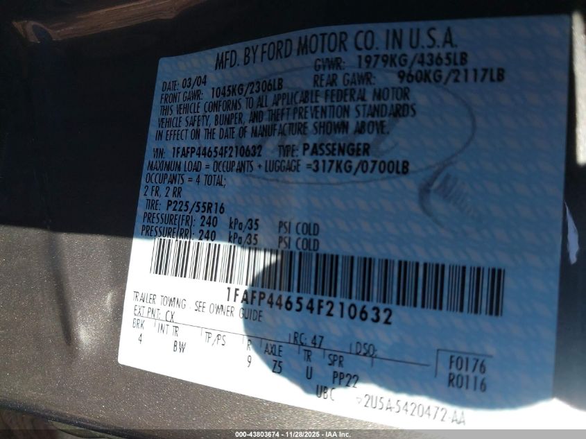 2004 Ford Mustang VIN: 1FAFP44654F210632 Lot: 43803674