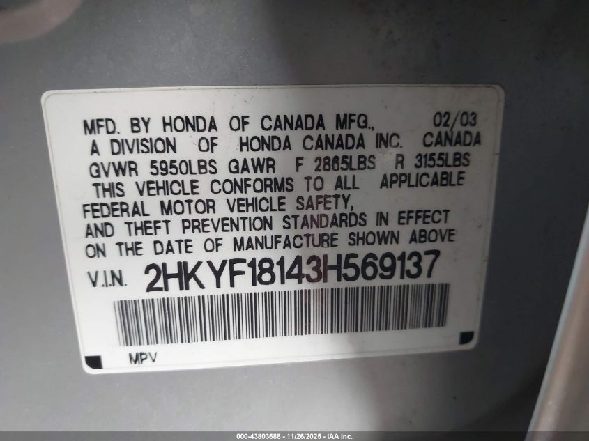 2003 Honda Pilot Lx VIN: 2HKYF18143H569137 Lot: 43803688
