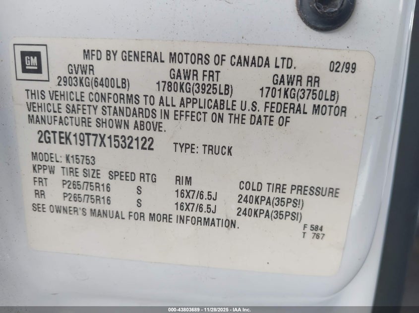 1999 GMC Sierra 1500 Sle VIN: 2GTEK19T7X1532122 Lot: 43803689