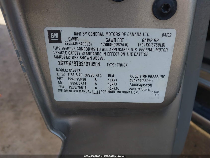 2002 GMC Sierra 1500 Sle VIN: 2GTEK19T921370504 Lot: 43803703