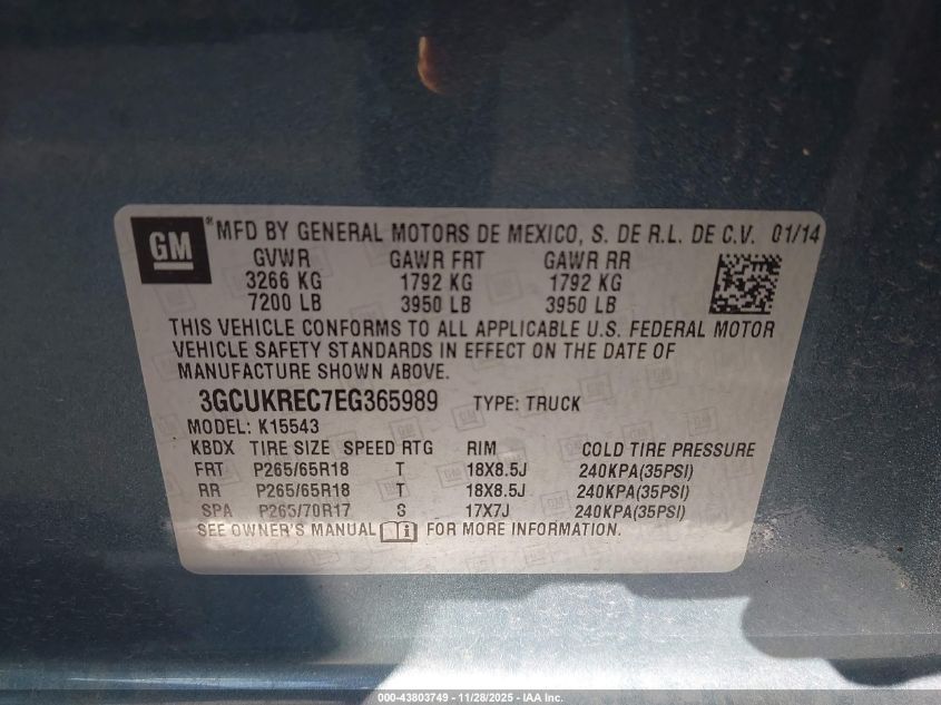 2014 Chevrolet Silverado 1500 1Lt VIN: 3GCUKREC7EG365989 Lot: 43803749