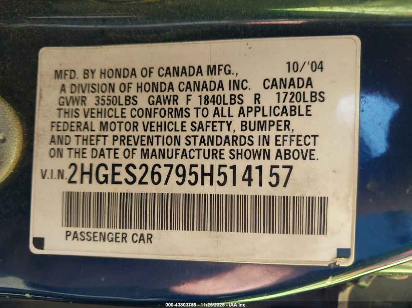 2005 Honda Civic Ex VIN: 2HGES26795H514157 Lot: 43803759