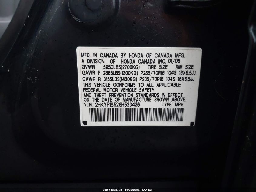 2006 Honda Pilot Ex-L VIN: 2HKYF18526H523426 Lot: 43803768