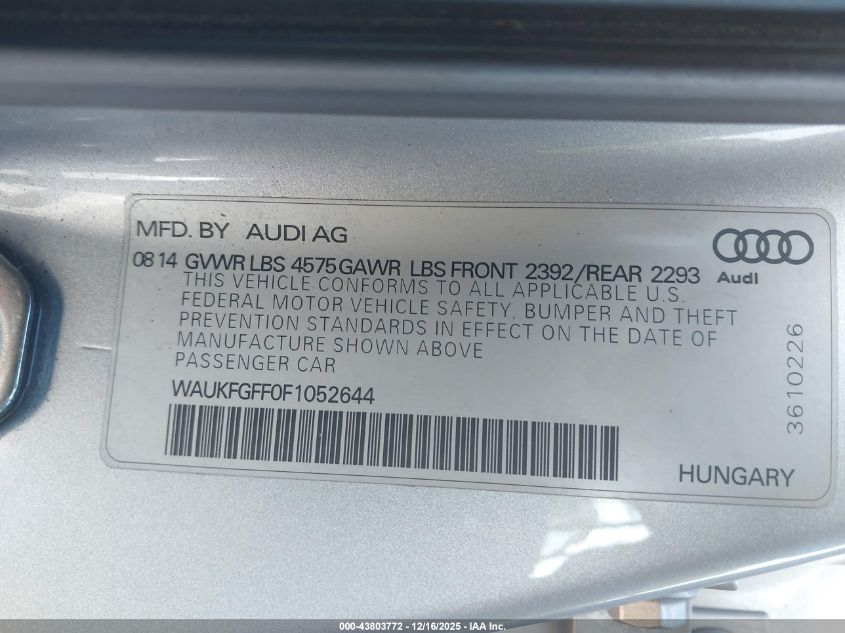 2015 Audi A3 2.0T Premium VIN: WAUKFGFF0F1052644 Lot: 43803772