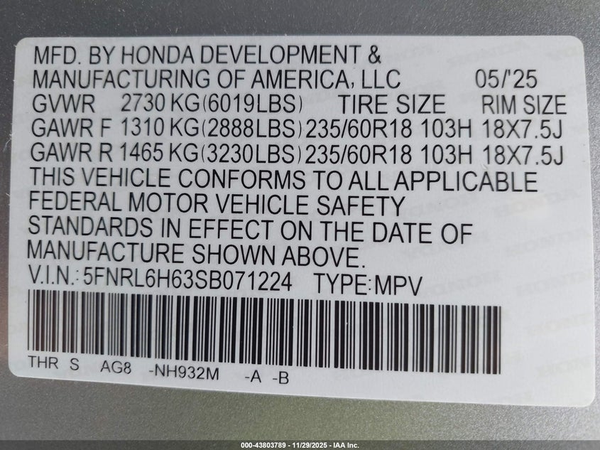 2025 Honda Odyssey Ex-L VIN: 5FNRL6H63SB071224 Lot: 43803789