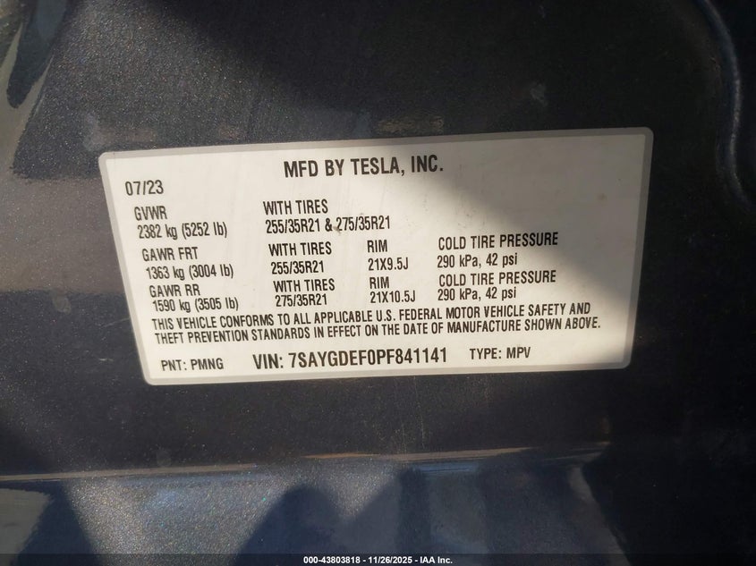 2023 Tesla Model Y Performance Dual Motor All-Wheel Drive VIN: 7SAYGDEF0PF841141 Lot: 43803818